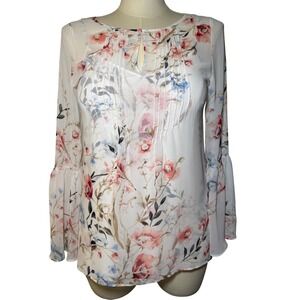 White House Black Market Floral Bell Sleeve V Neck Blouse Top Women's 2pc WHBM
